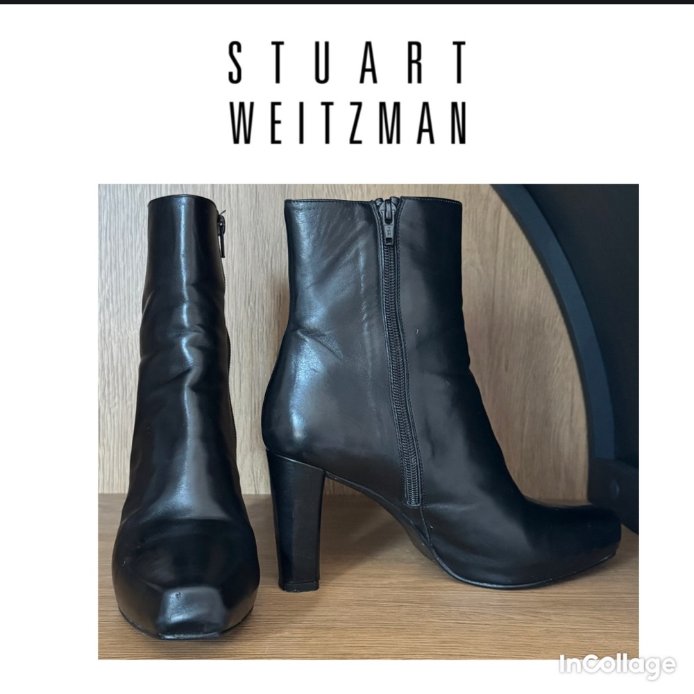 Stuart Weitzman Black Leather Mid-Calf Zip Heel Boots
